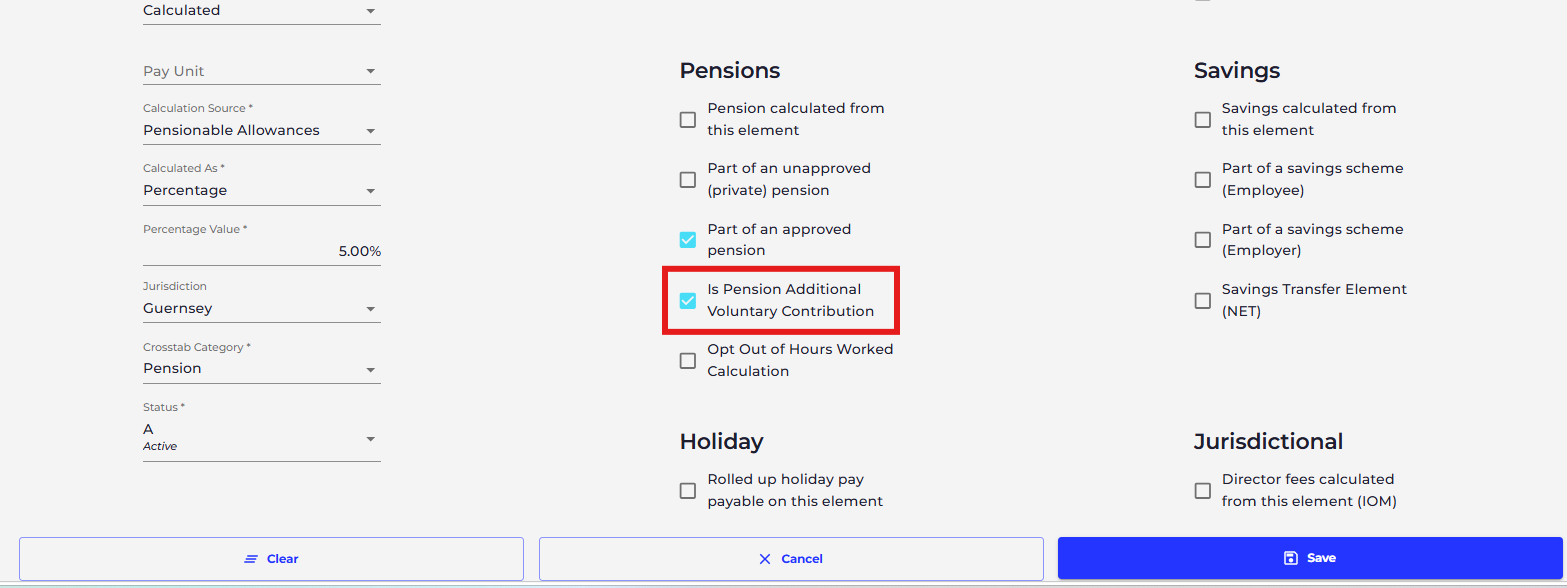 Select the tick box next to 'Is Pension Additional Voluntary Contribution'