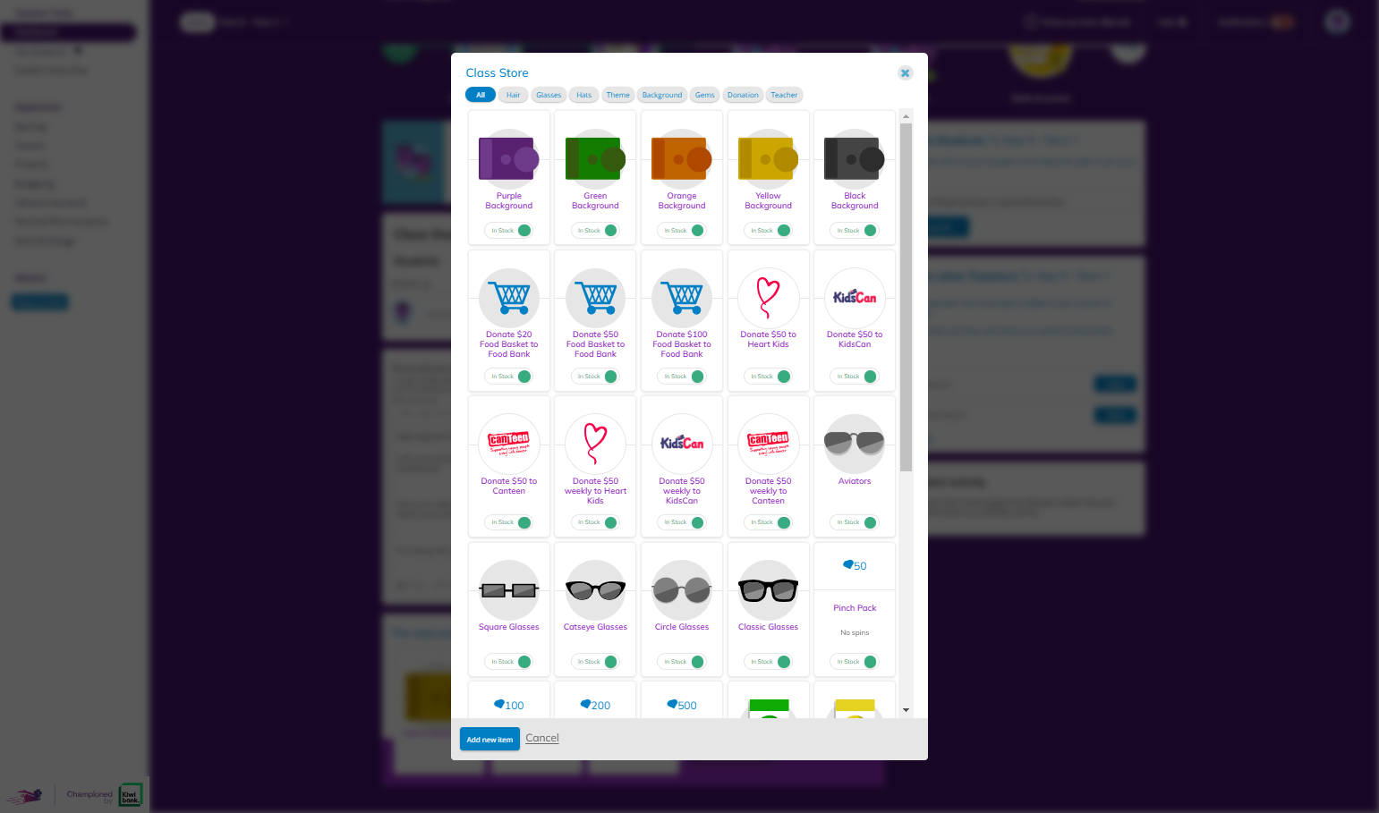 You will see the list of items within the Class Store.