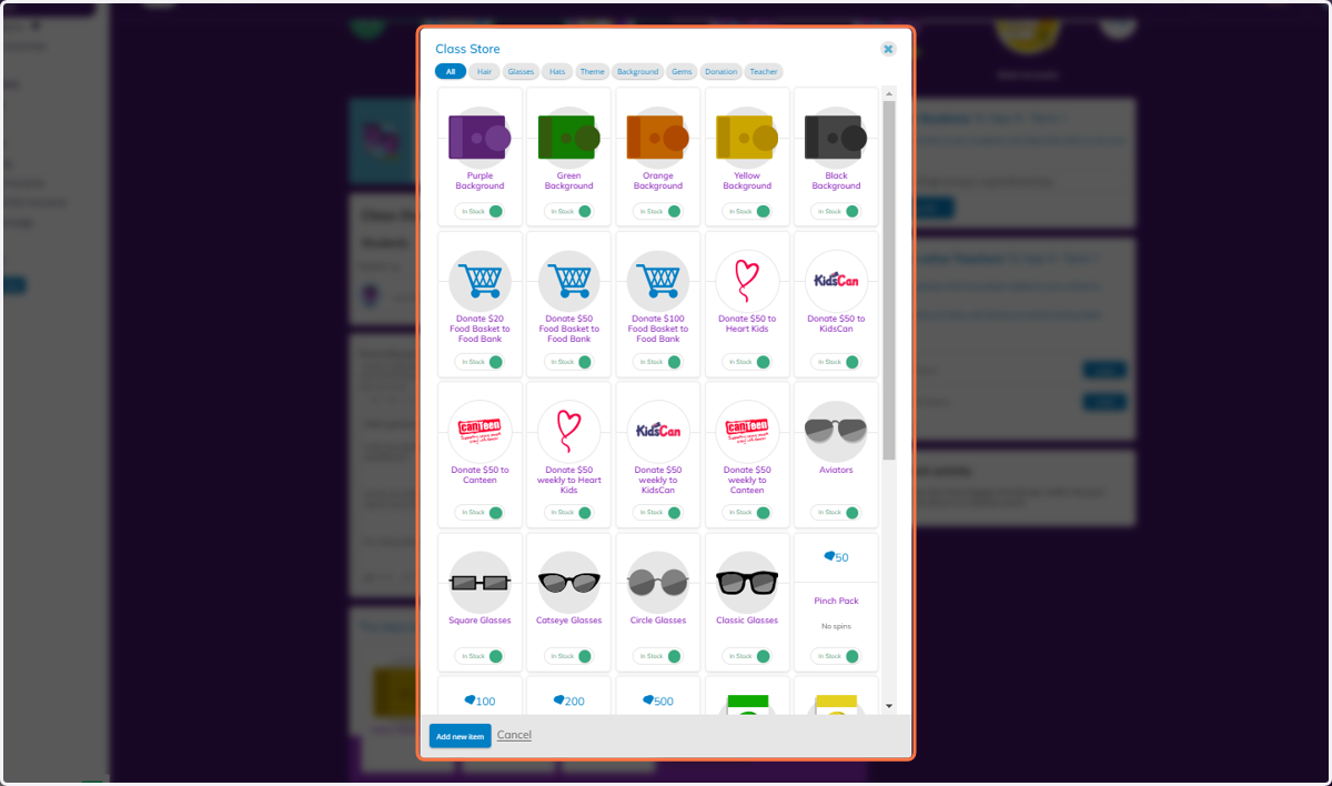 You will see the list of items within the Class Store.