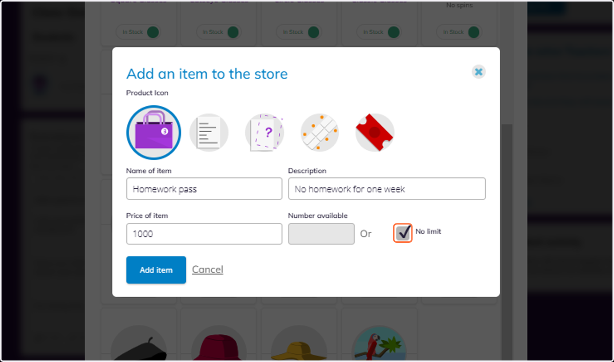 Complete the details shown for your item. You can choose to have only a small number available, or select No limit.
