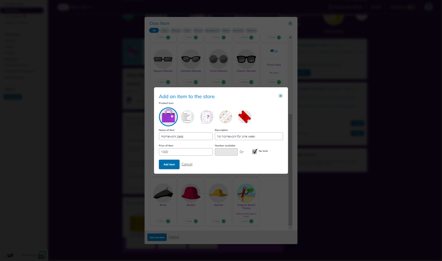 Click on Add item - this item will now be available for your students to view and purchase.