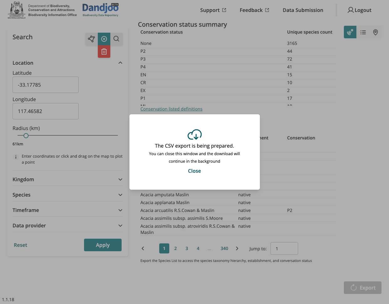 Your export will be prepared and downloaded when ready