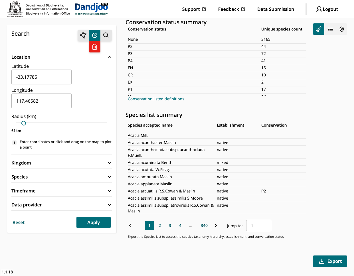 Here you can view the List of Species found in your search