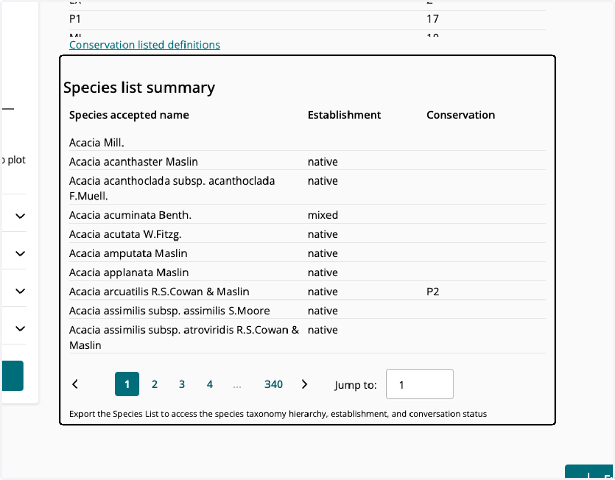 Here you can view the List of Species found in your search