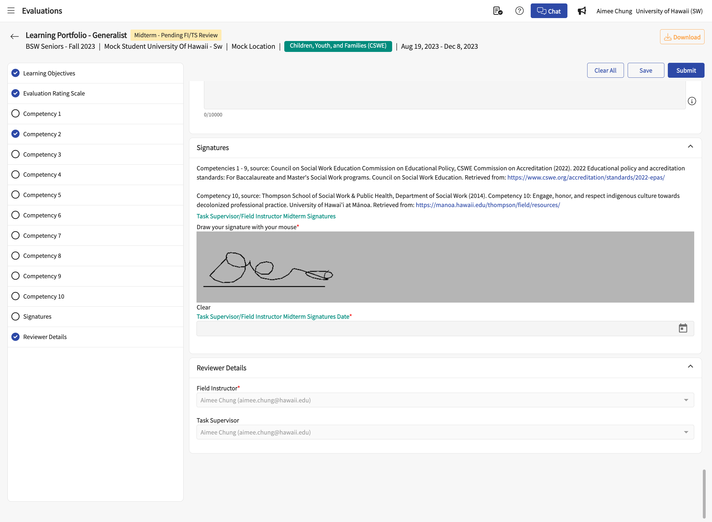 The signature box is for the Field Instructor only. Site/Task Supervisor does NOT sign.