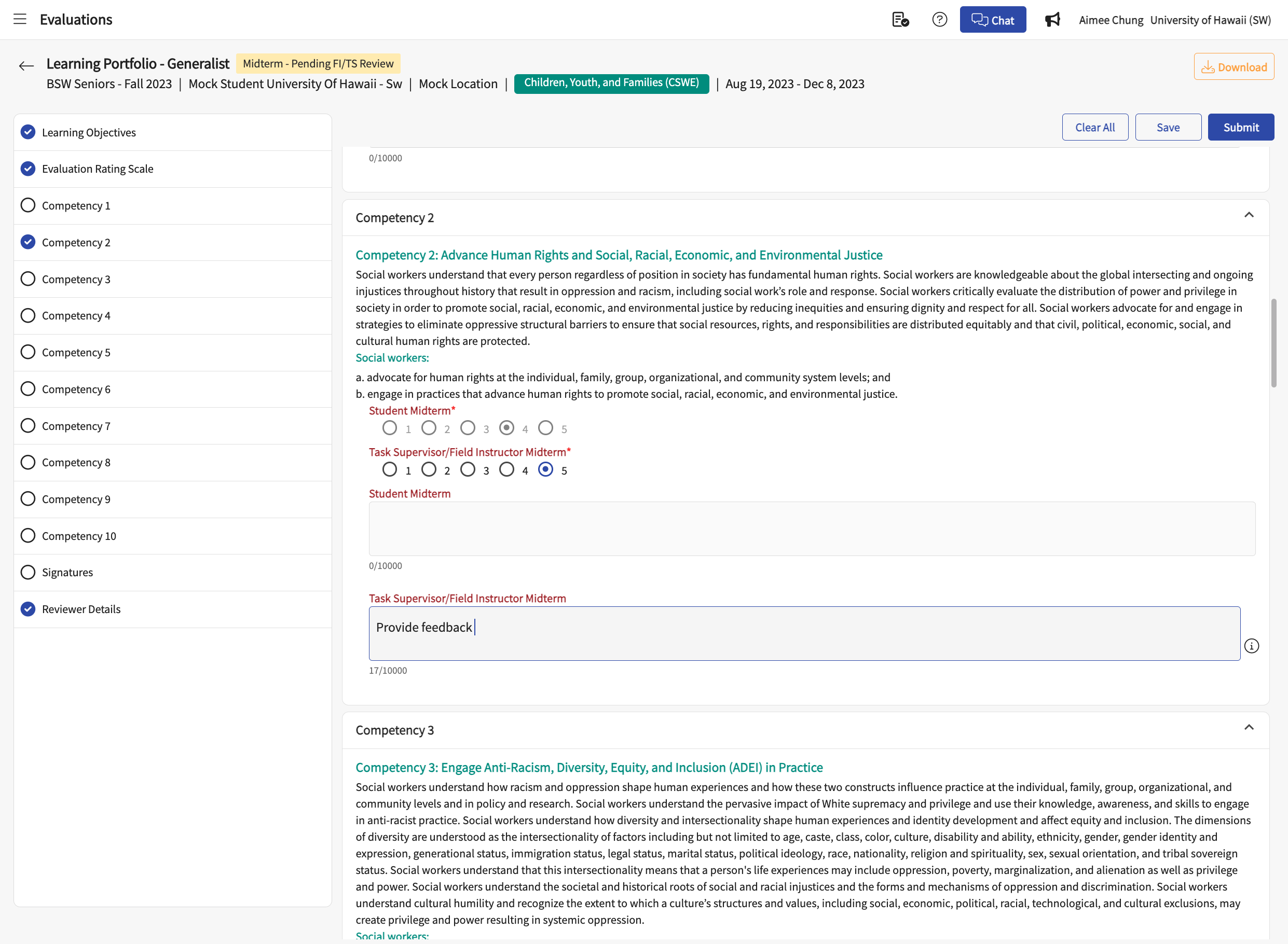 Provide the student with feedback in the comment boxes for each Competency. Any rating below 5 should include comments or suggestions on how the student can improve.
