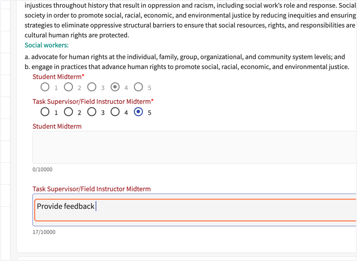 Provide the student with feedback in the comment boxes for each Competency. Any rating below 5 should include comments or suggestions on how the student can improve.