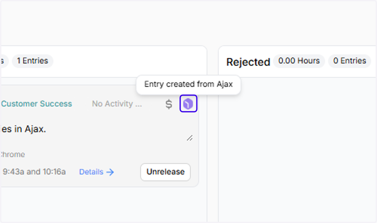 This icon tells you that the origin of the entry is Ajax. If the entry was created in Clio, the entry would show the Clio icon in the top right corner