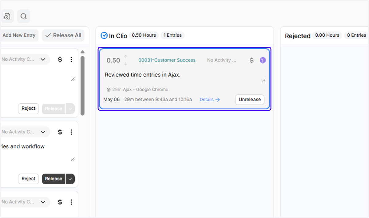 Entries that you've released from Ajax to Clio will appear under "In Clio"
