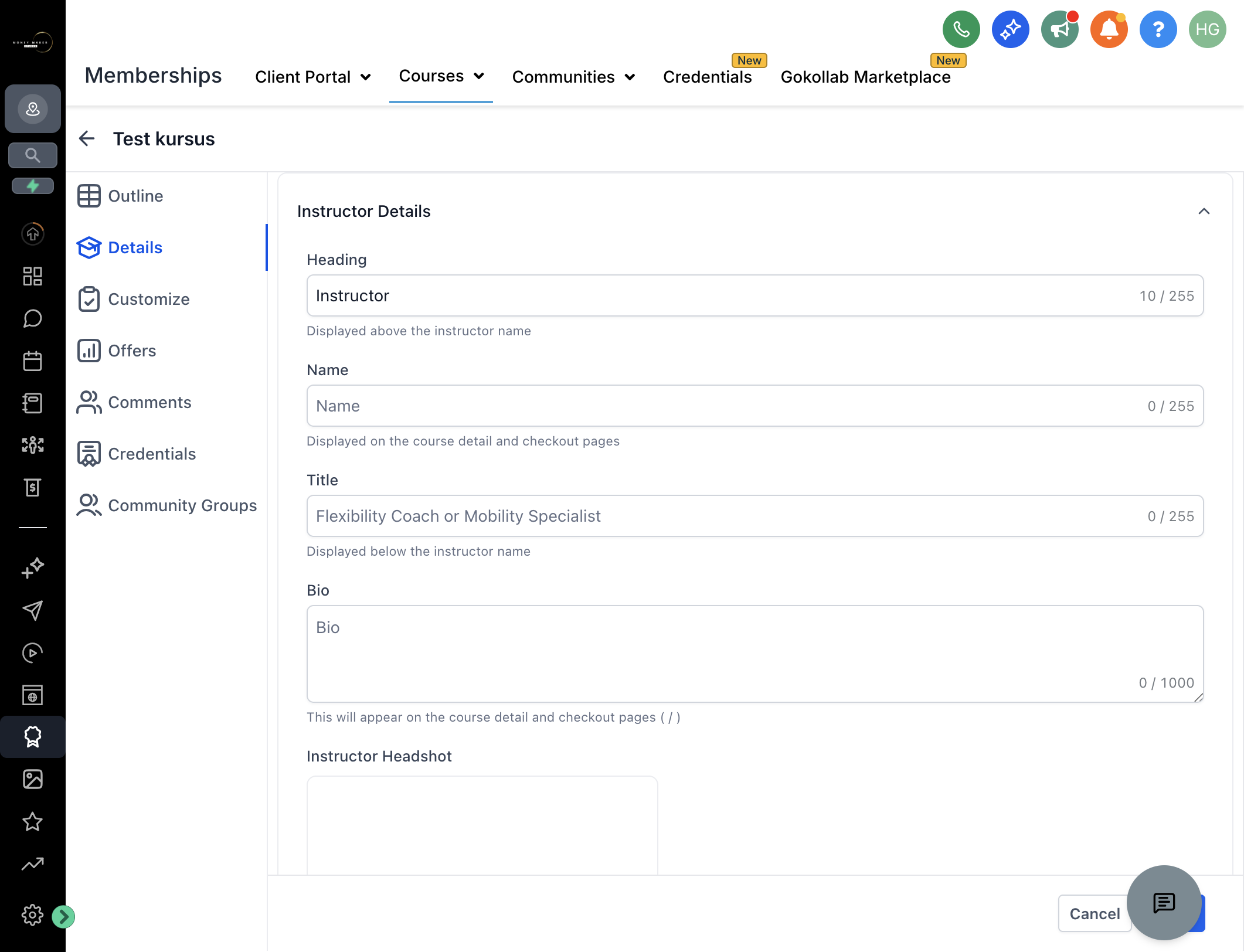 Klik på "Instructor Details" og udfyld information om underviseren, som vises på kursus- og checkout-siderne.