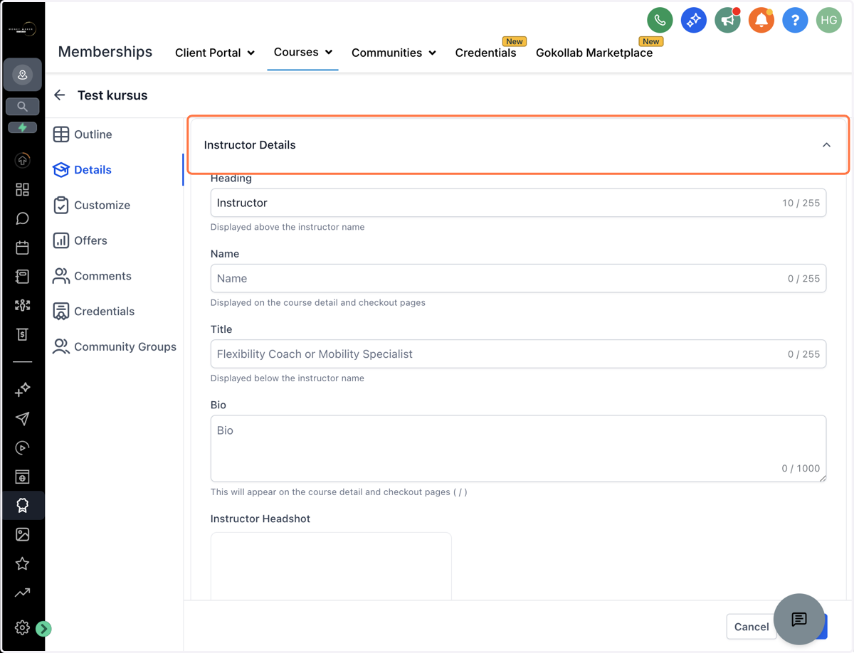 Klik på "Instructor Details" og udfyld information om underviseren, som vises på kursus- og checkout-siderne.
