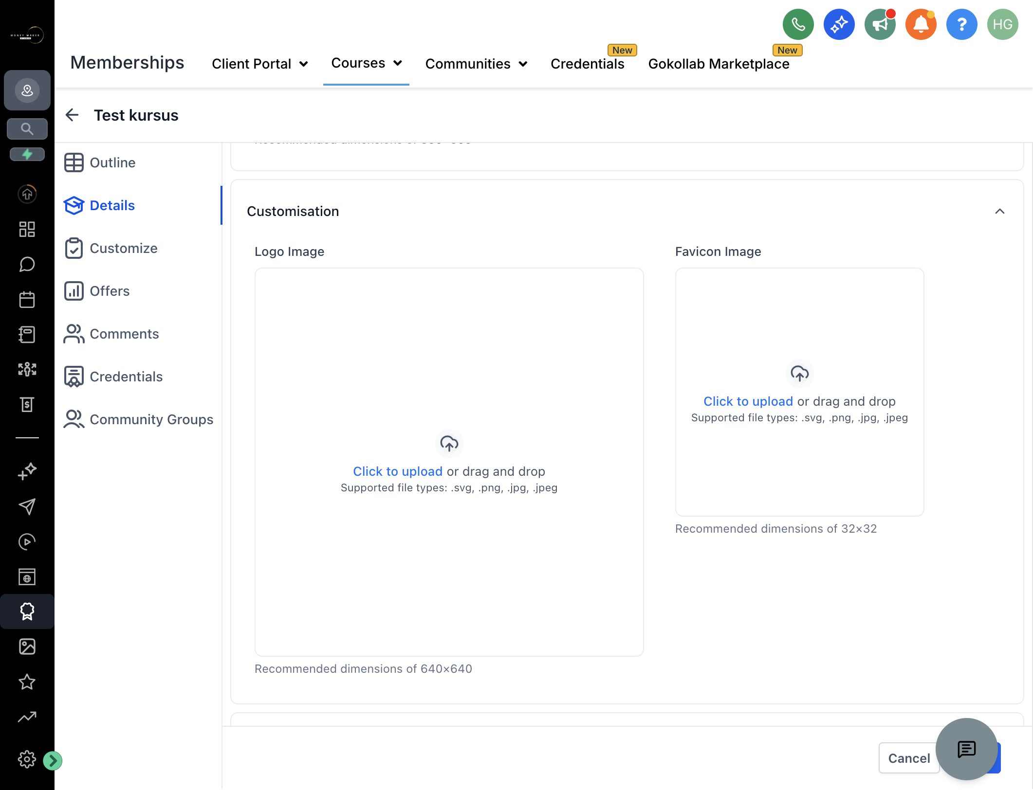 Klik på "Customisation" og tilpas kursusets visuelle branding ved at uploade logo og favicon, så kurset matcher resten af dit univers.
