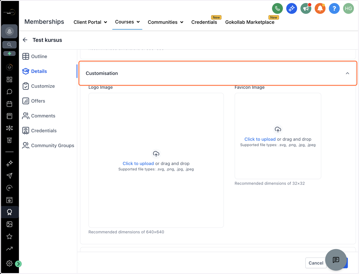Klik på "Customisation" og tilpas kursusets visuelle branding ved at uploade logo og favicon, så kurset matcher resten af dit univers.