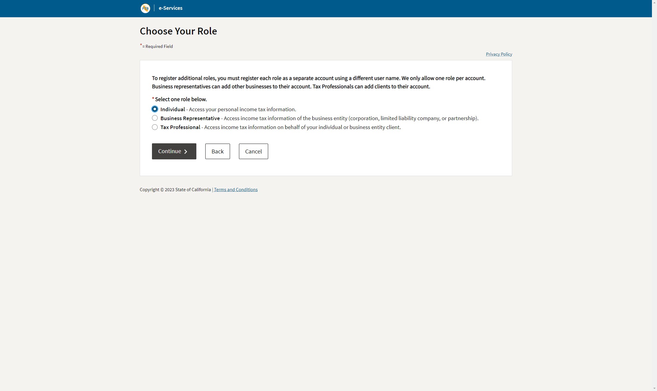 Select the appropriate role for the account and click Continue