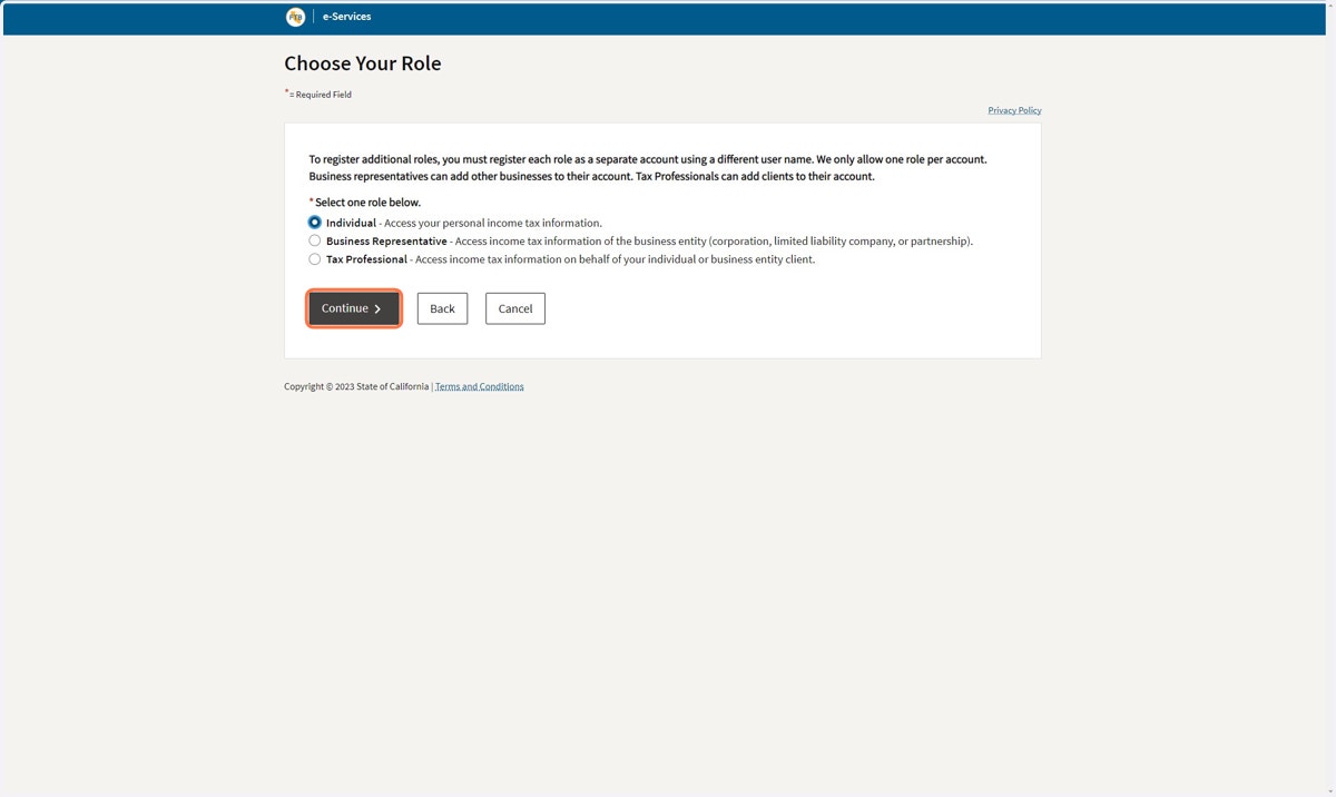 Select the appropriate role for the account and click Continue