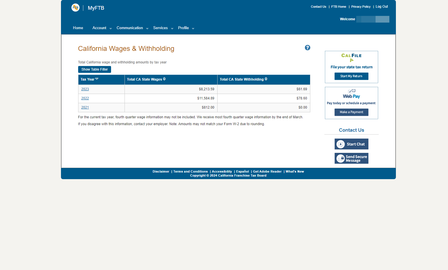 Total California wage and withholding amounts by tax year will be listed on this page