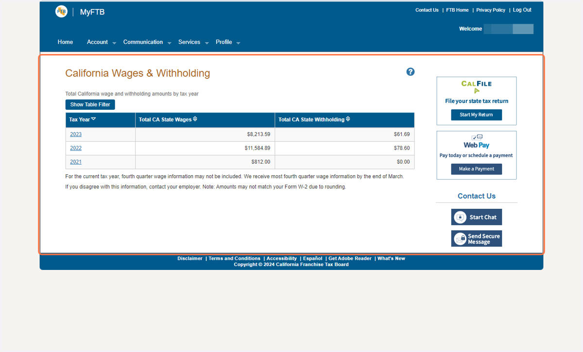 Total California wage and withholding amounts by tax year will be listed on this page