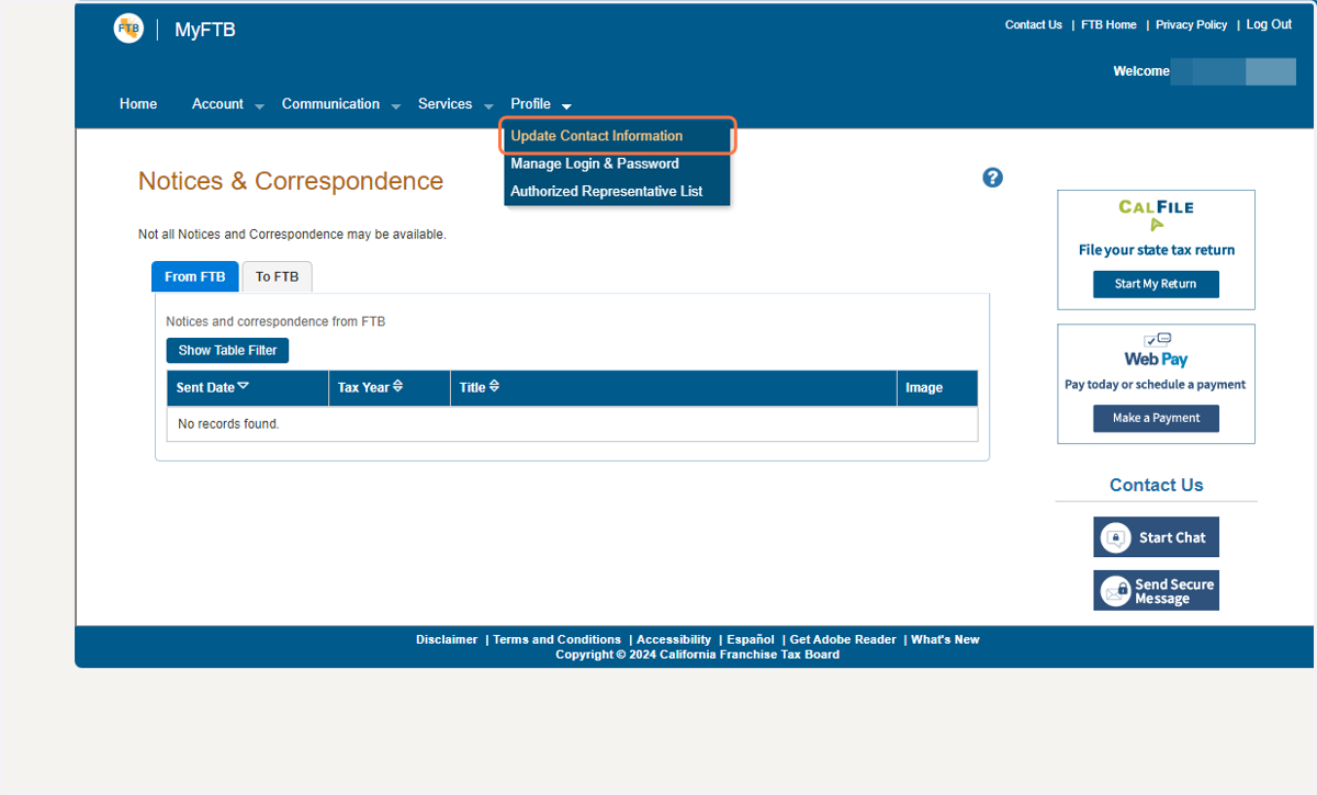 If you need to update your contact information, click on Update Contact Information under the Profile tab