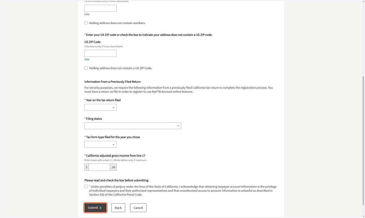 Continue to enter the required personal information. You will need to provide information from a previously filed tax return as part of this step.