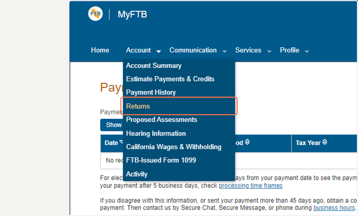 Click on Returns from the dropdown menu under the Account tab