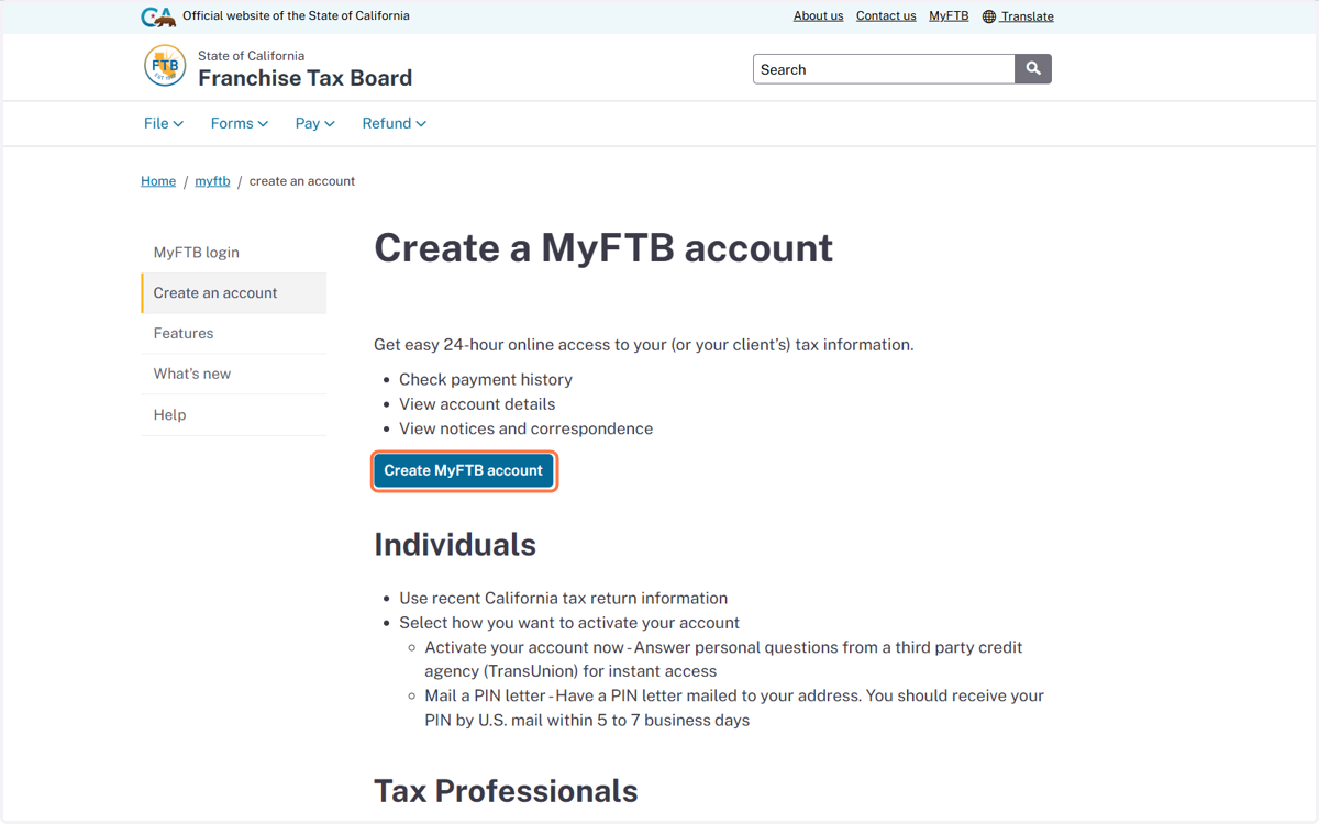 Click on Create MyFTB account