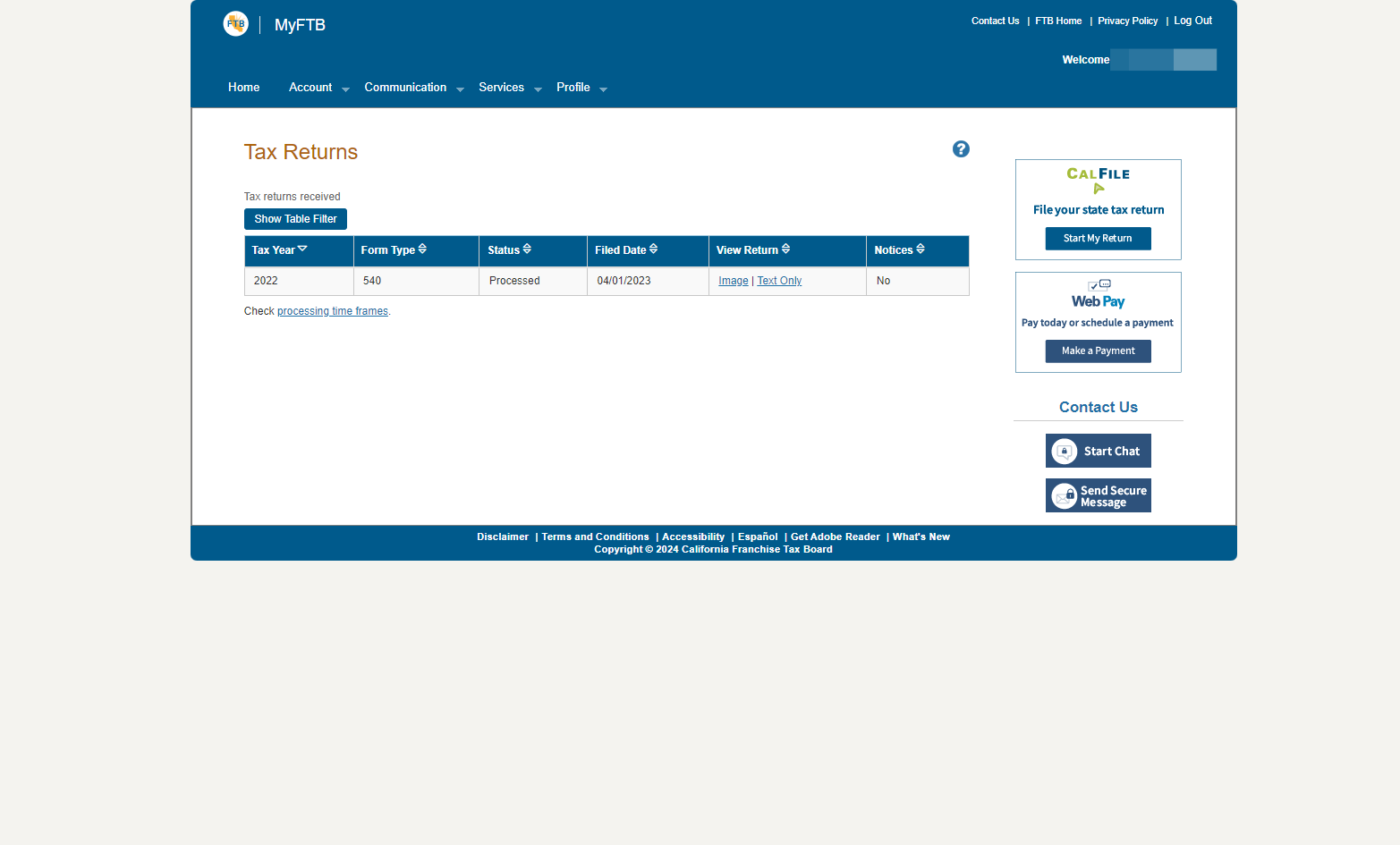 Your filed tax returns will appear on this webpage