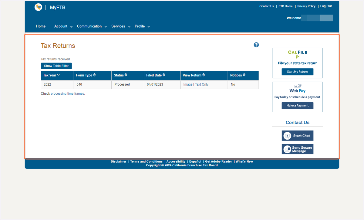 Your filed tax returns will appear on this webpage