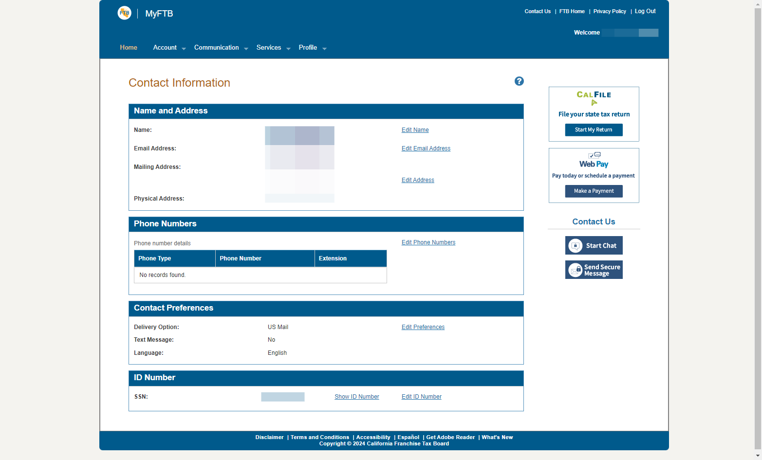 The contact information associated with your MyFTB account will be listed on the page pictured below. To return to the homepage, click on Home.