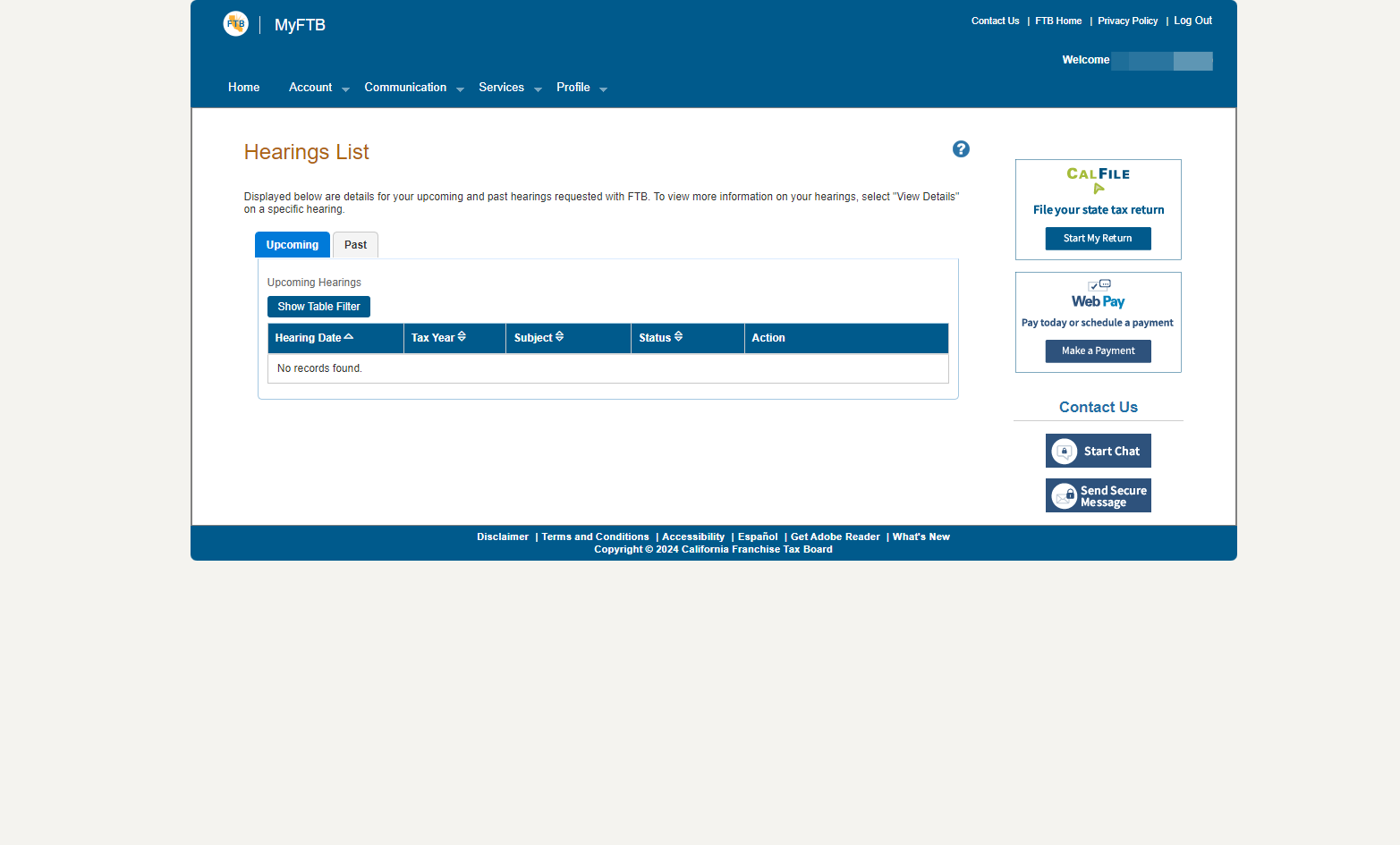 Details for upcoming and past hearings will be displayed on this page