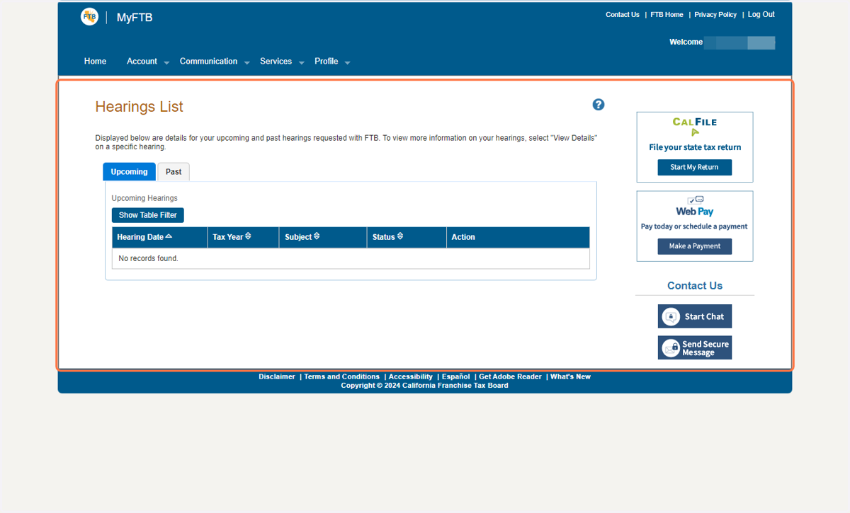 Details for upcoming and past hearings will be displayed on this page