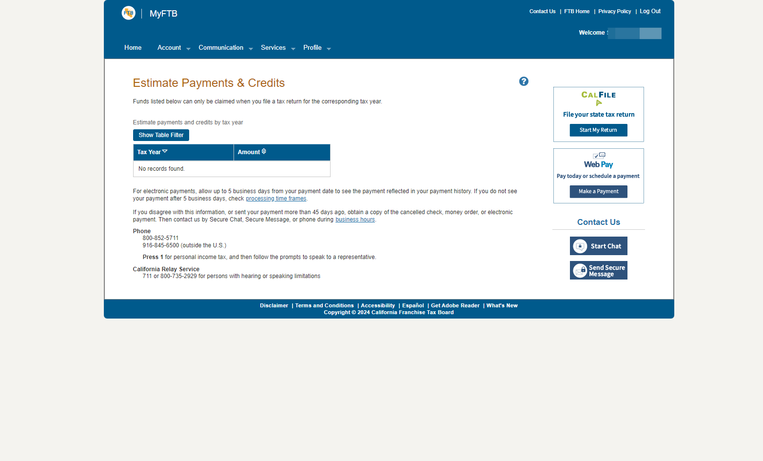 Estimate payments and credits by tax year will be listed on this page