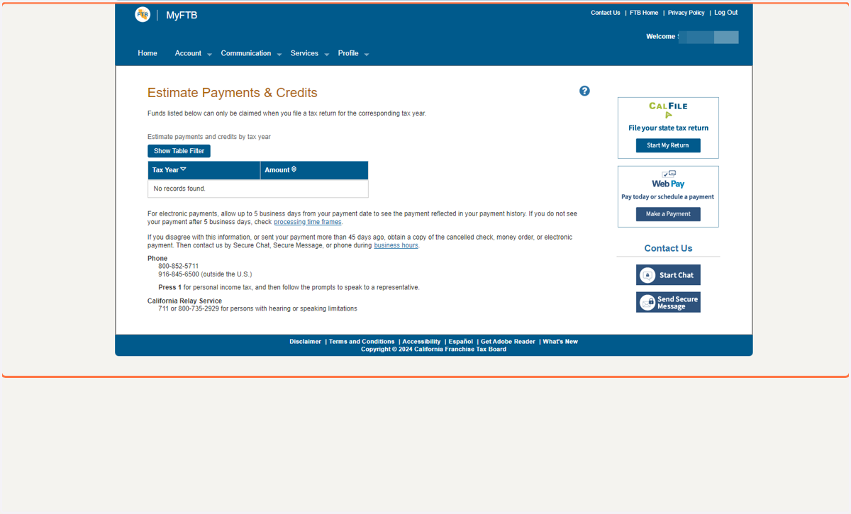 Estimate payments and credits by tax year will be listed on this page