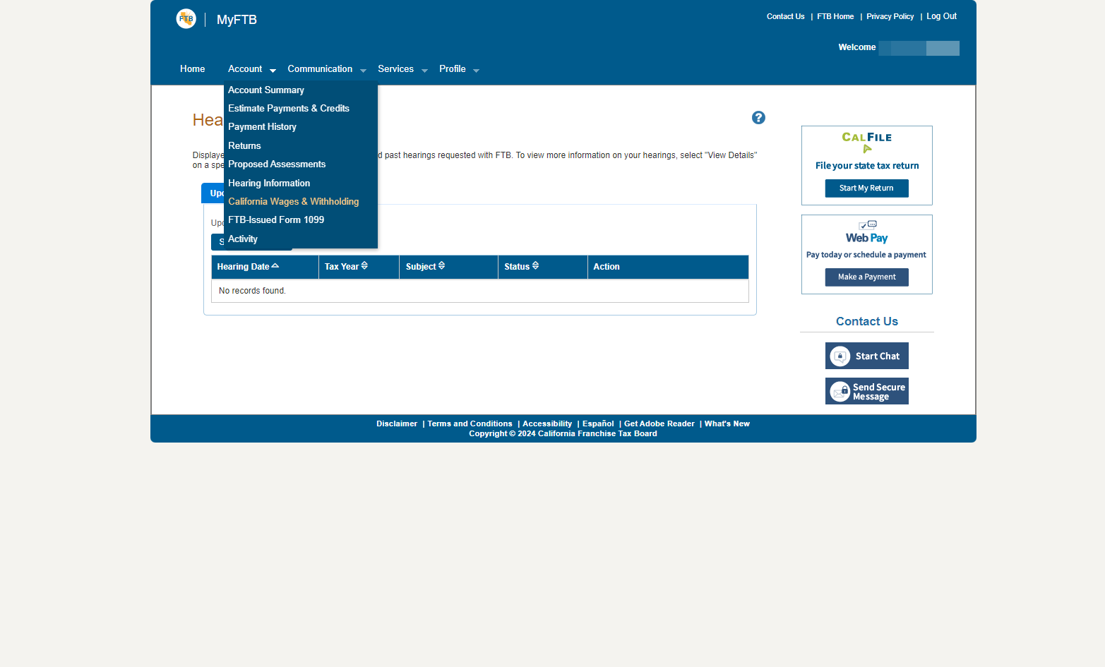 Click on California Wages & Withholding from the dropdown menu under the Account tab