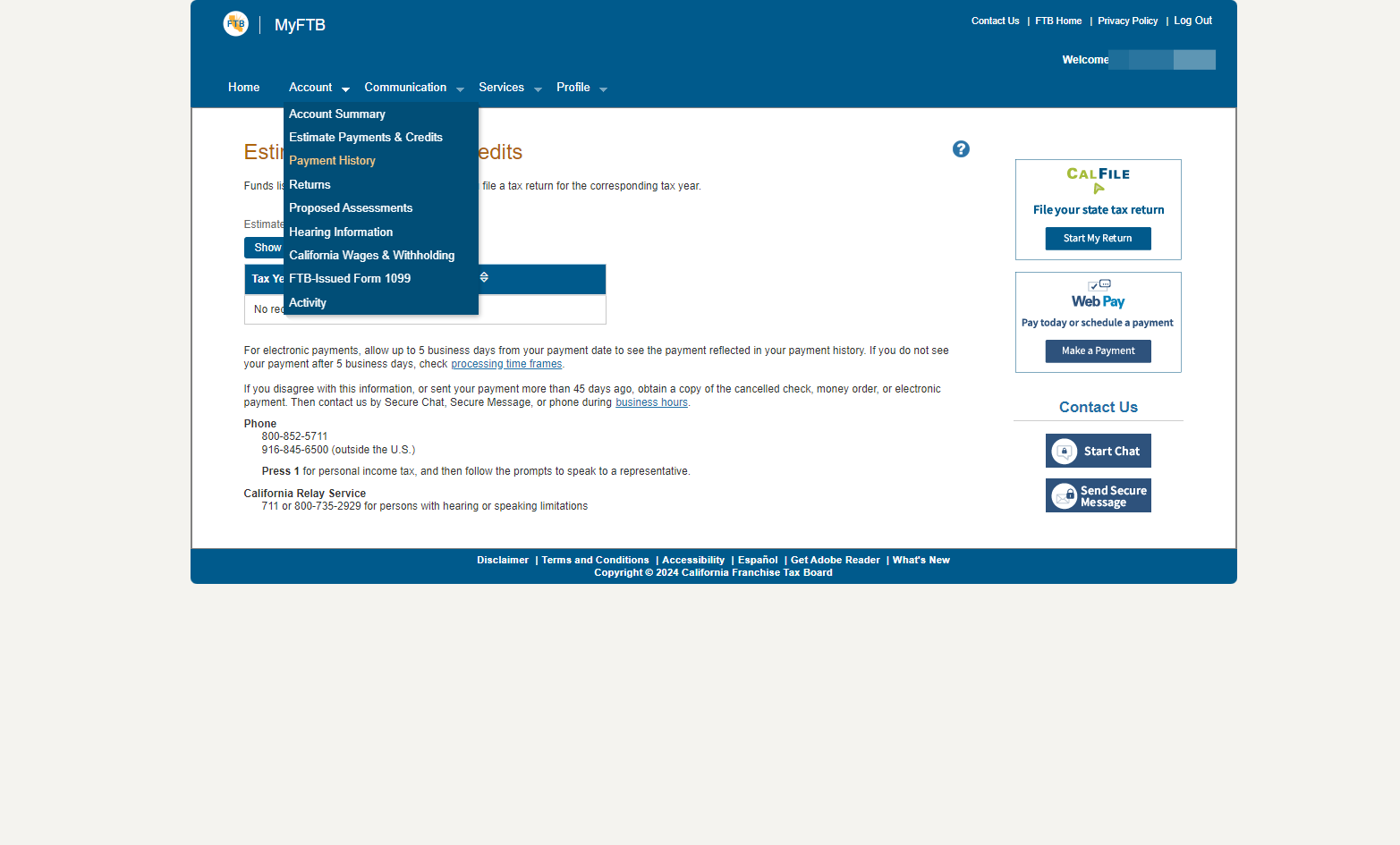 Click on Payment History from the dropdown menu under the Account tab