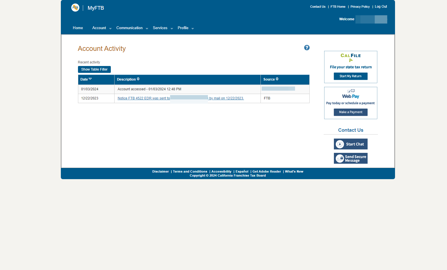 Any activities performed under your account, such as logging in, will be listed for you on this page