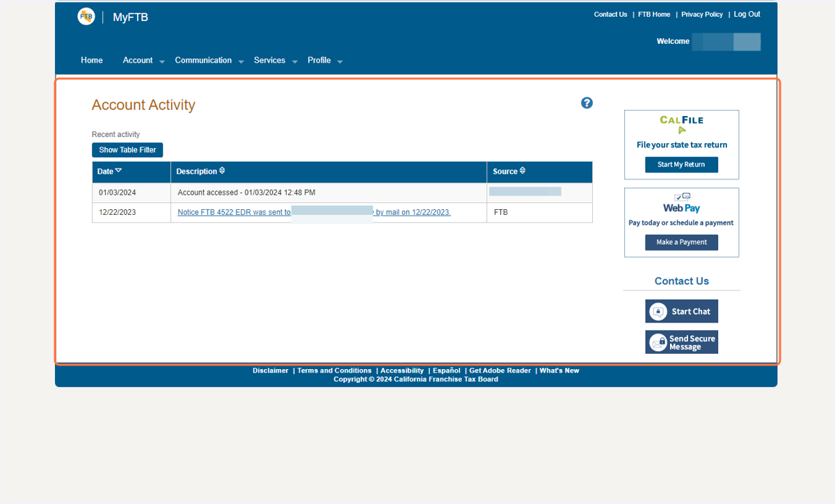 Any activities performed under your account, such as logging in, will be listed for you on this page