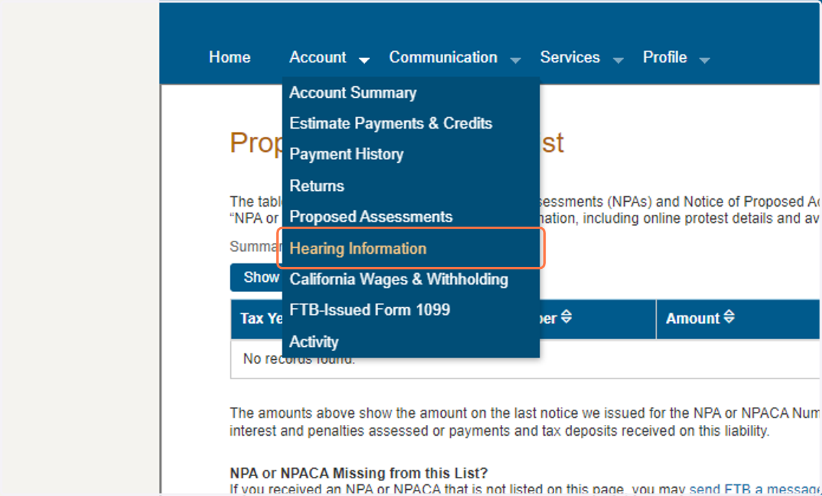 Click on Hearing Information from the dropdown menu under the Account tab