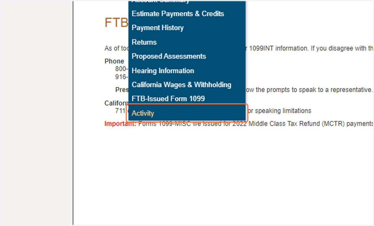 Click on Activity from the dropdown menu under the Account tab