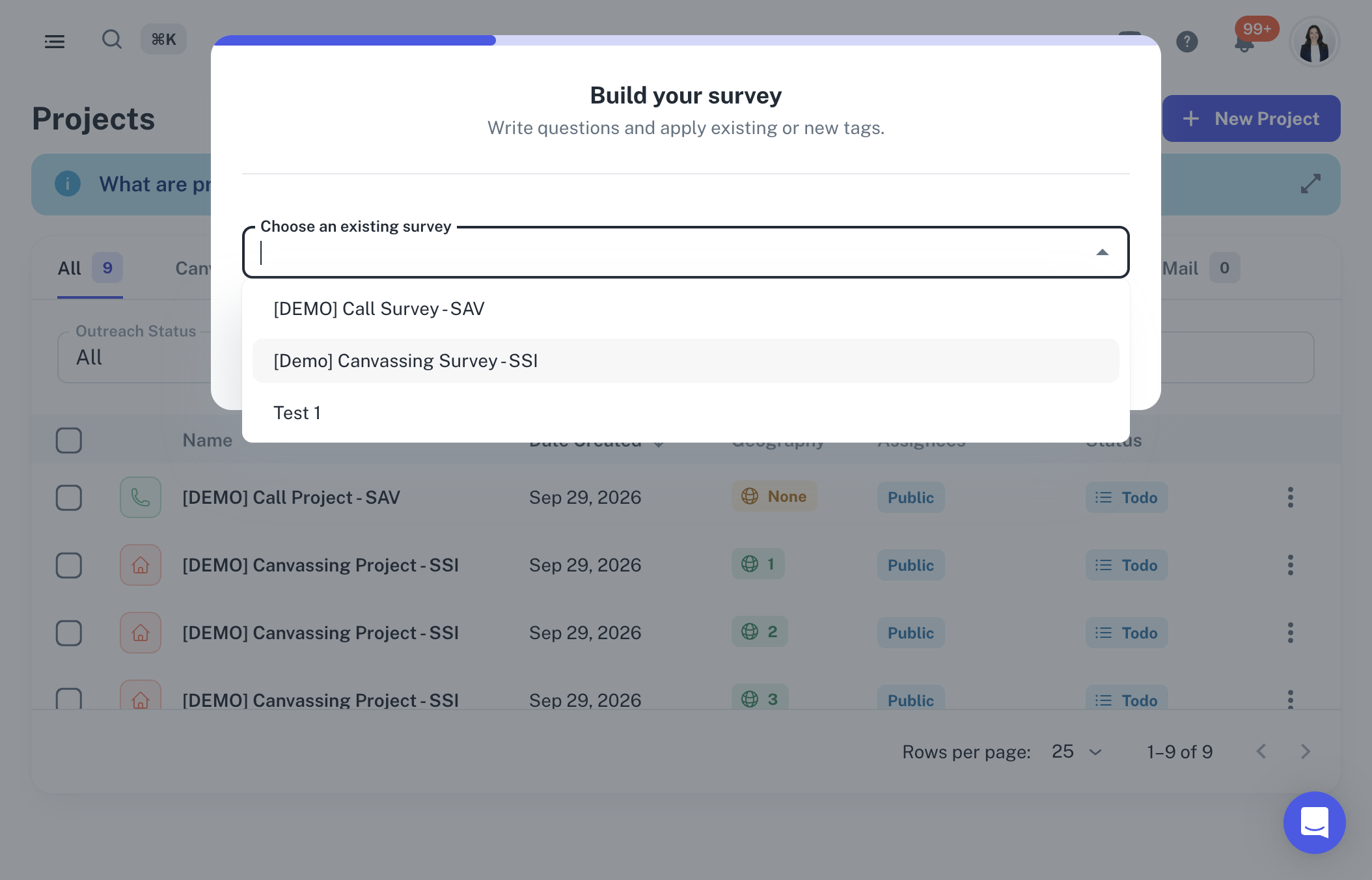 A. Click on Choose an existing survey B. Select Choose an existing survey