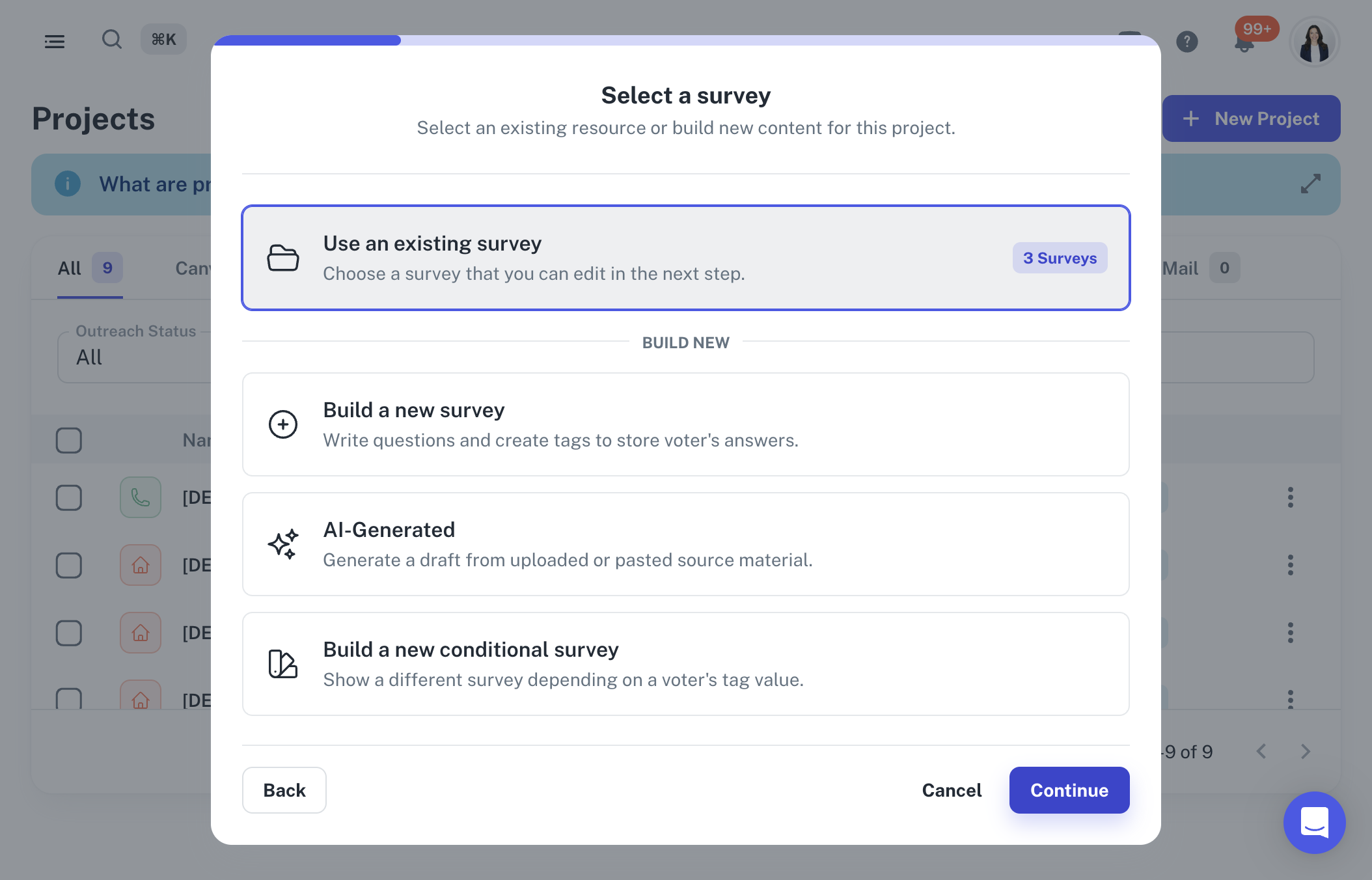 A. Click on Use an existing survey… B. Click on Continue