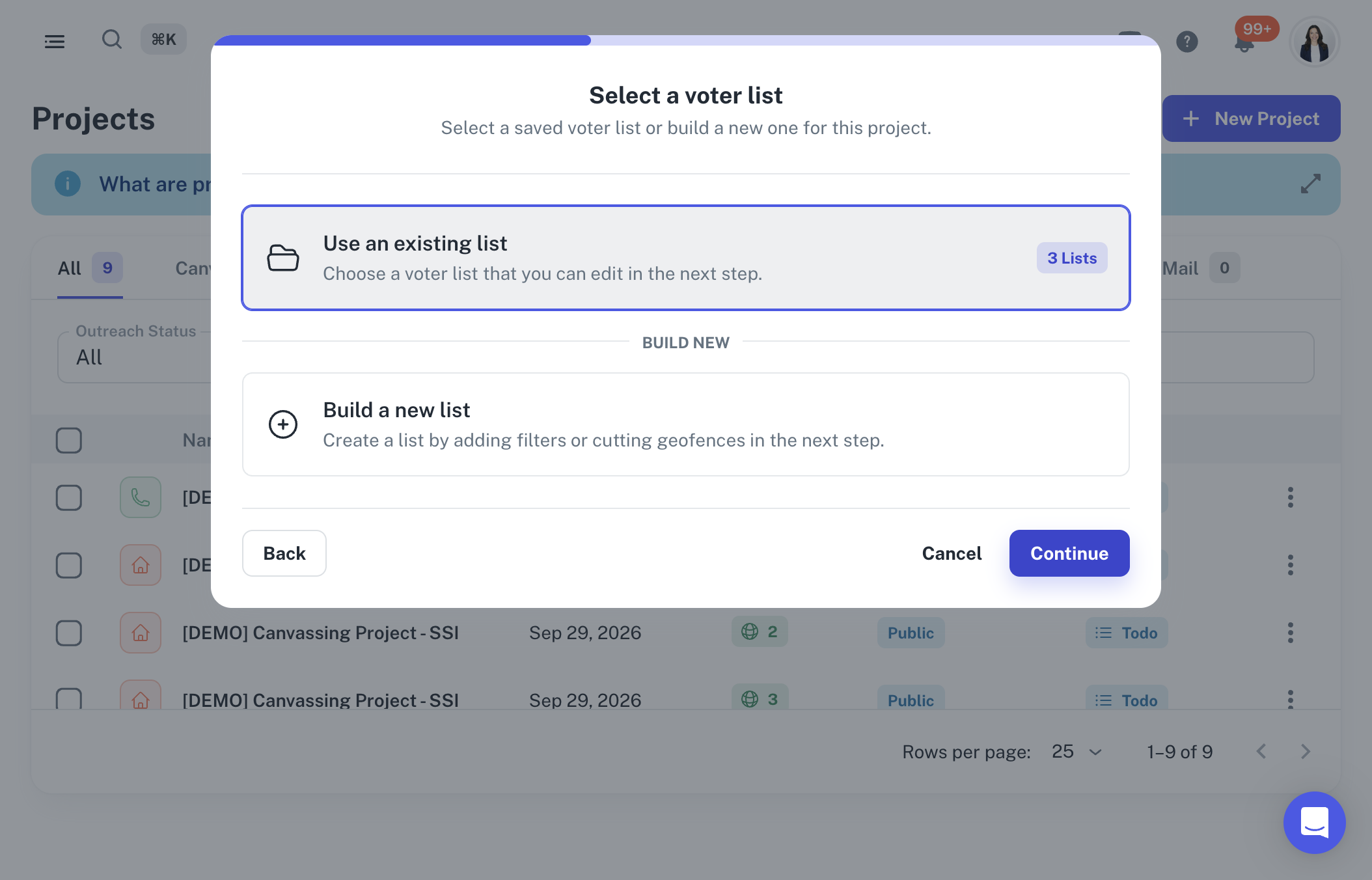 A. Click on Use an existing list… B. Click on Continue