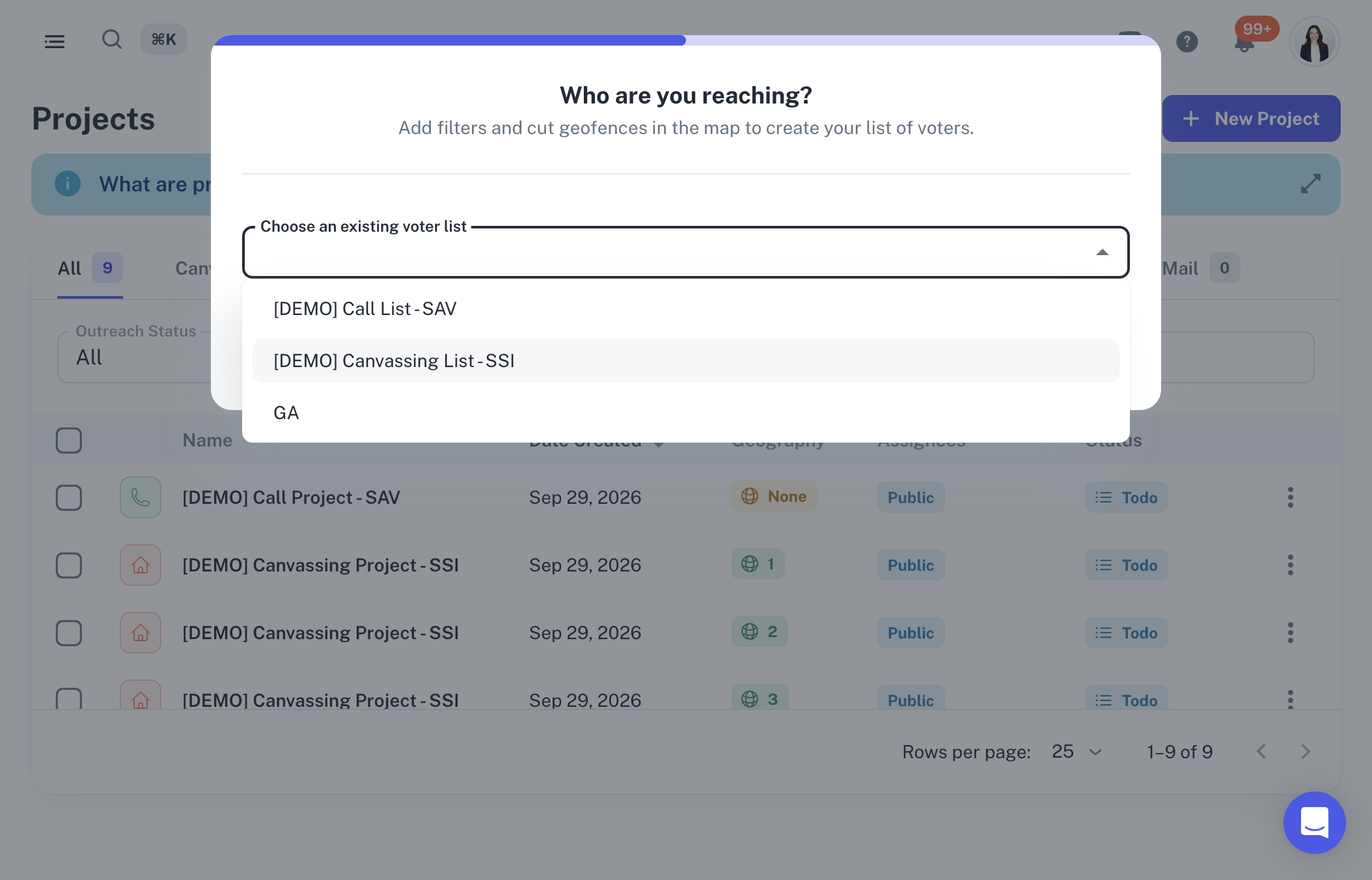 A. Click on Choose an existing voter list B. Select Choose an existing voter list