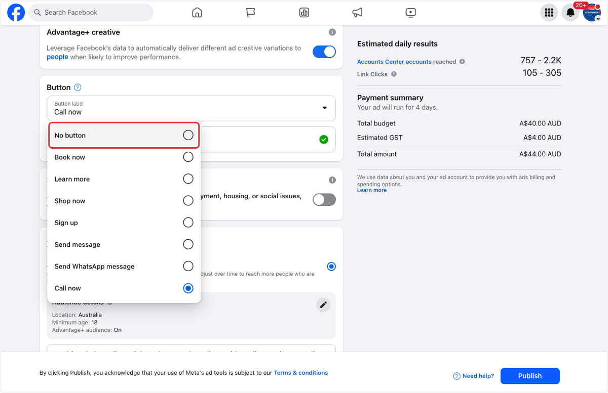 Select an action button you want customers to take