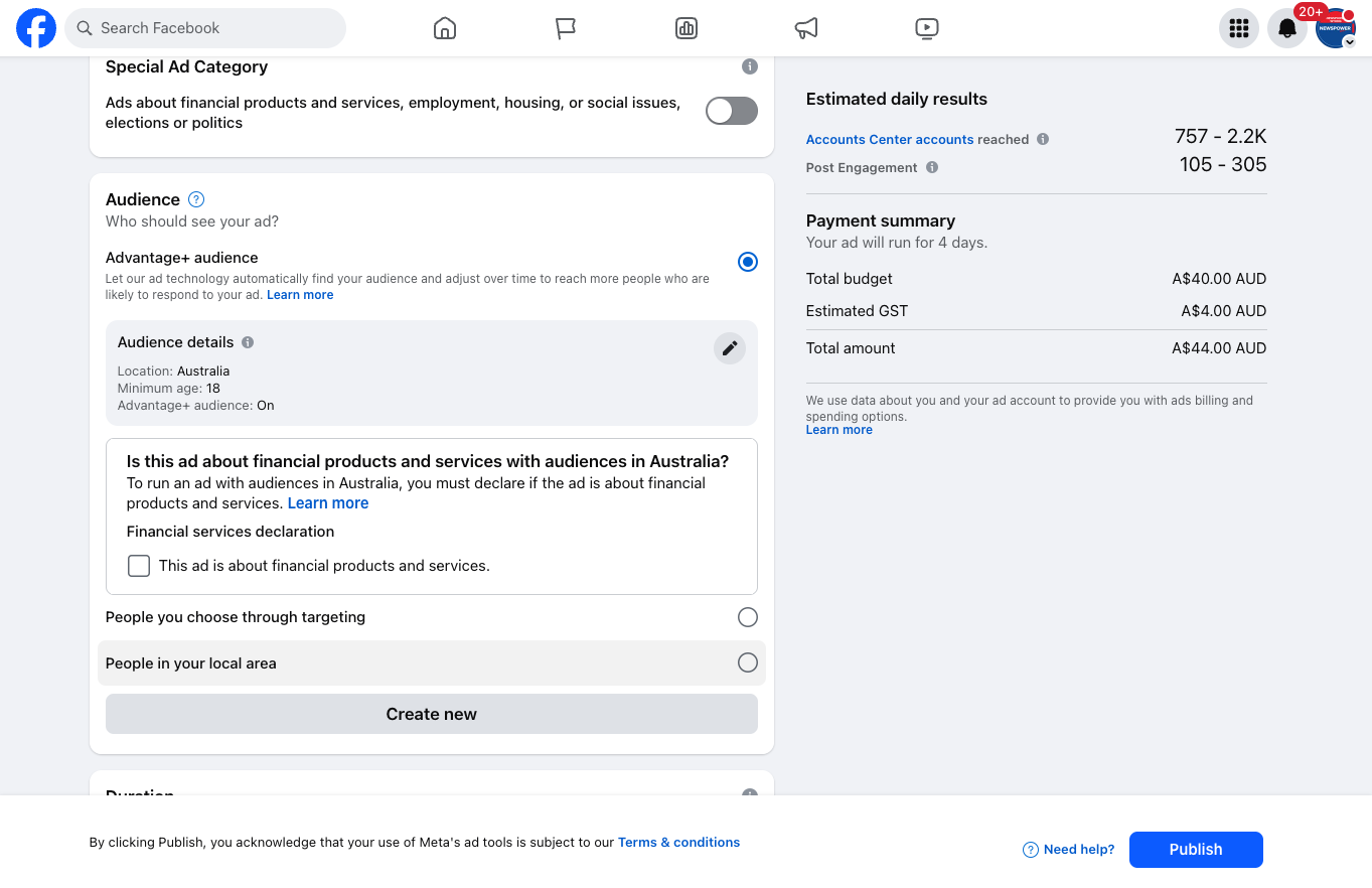 Select your audience. Click on "People in your local" area to keep advertising around your store