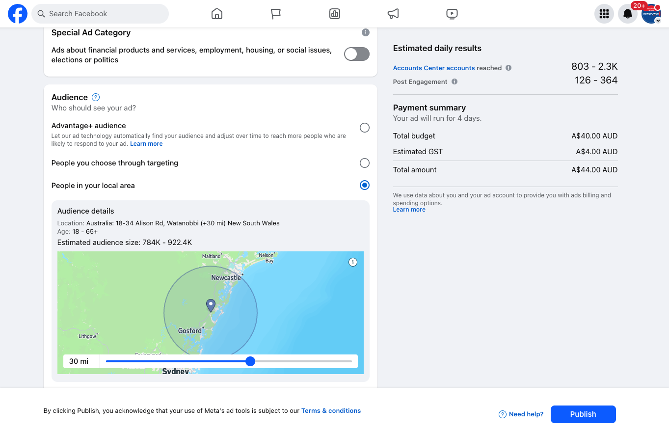 Select a radius around your store for the advertising
