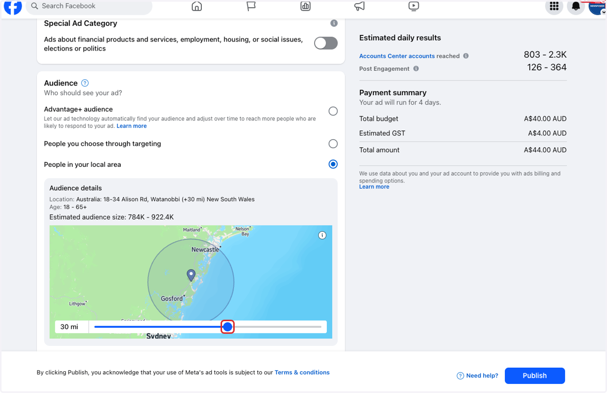 Select a radius around your store for the advertising