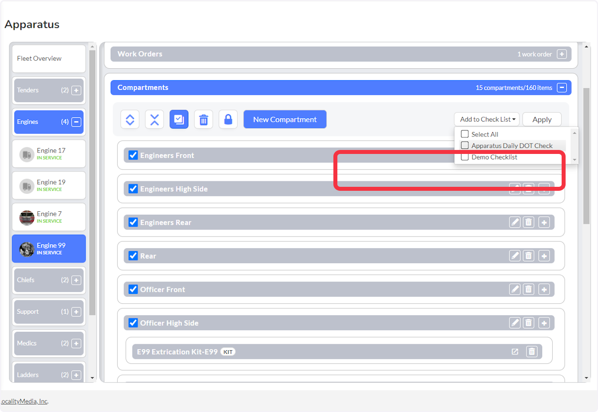Select the Checklist to apply the compartment to from the Add to Checklist dropdown. 