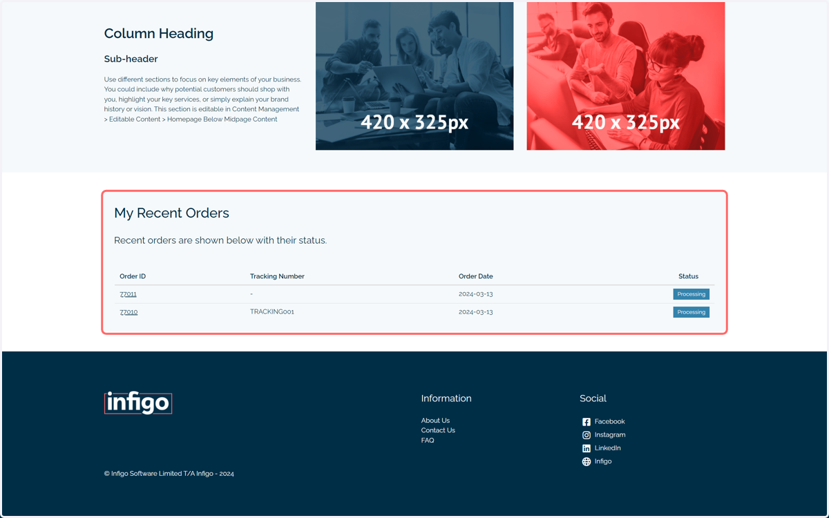 The My Recent Orders table will now be available on your page