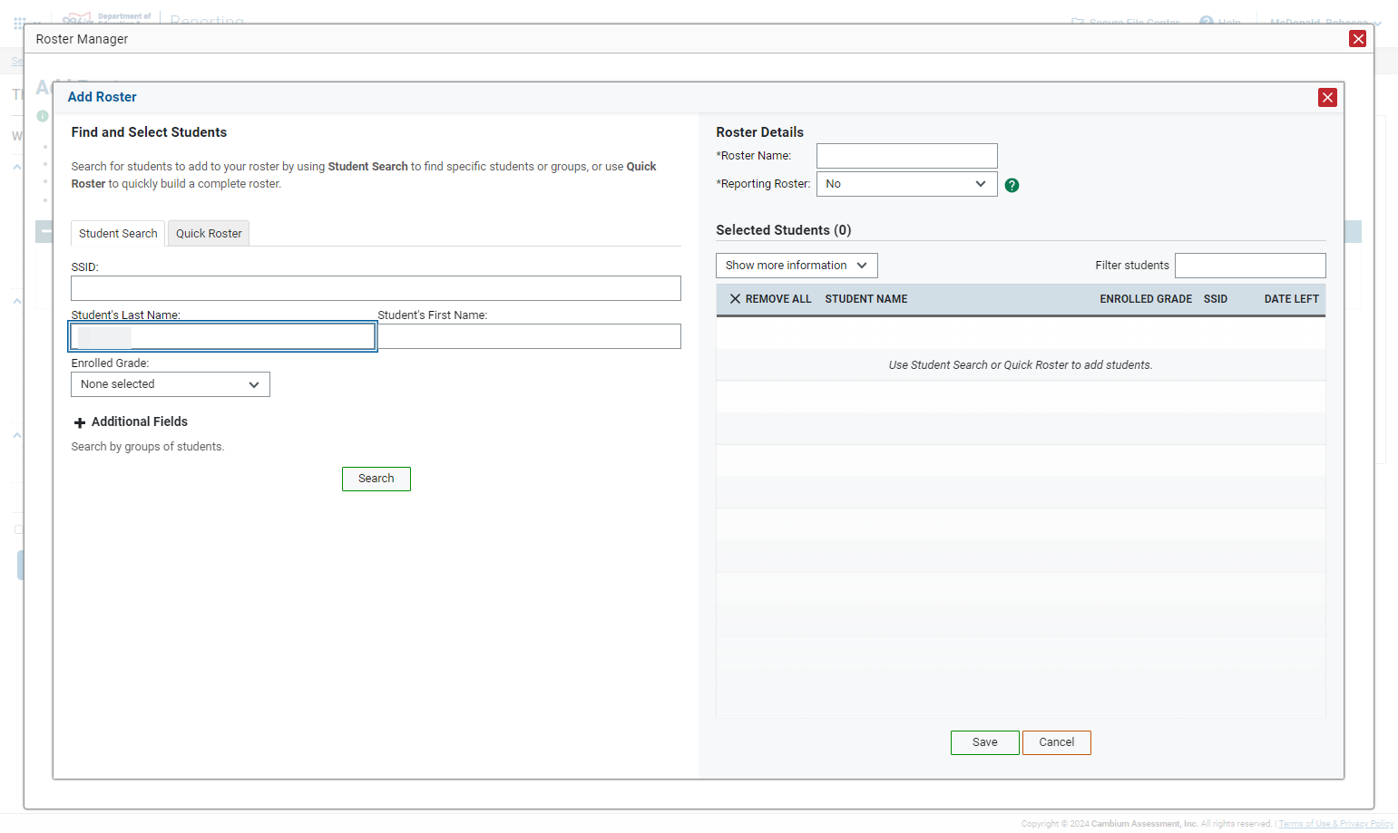 Search for students- You can use State ID, Student Last Name or Student First Name
