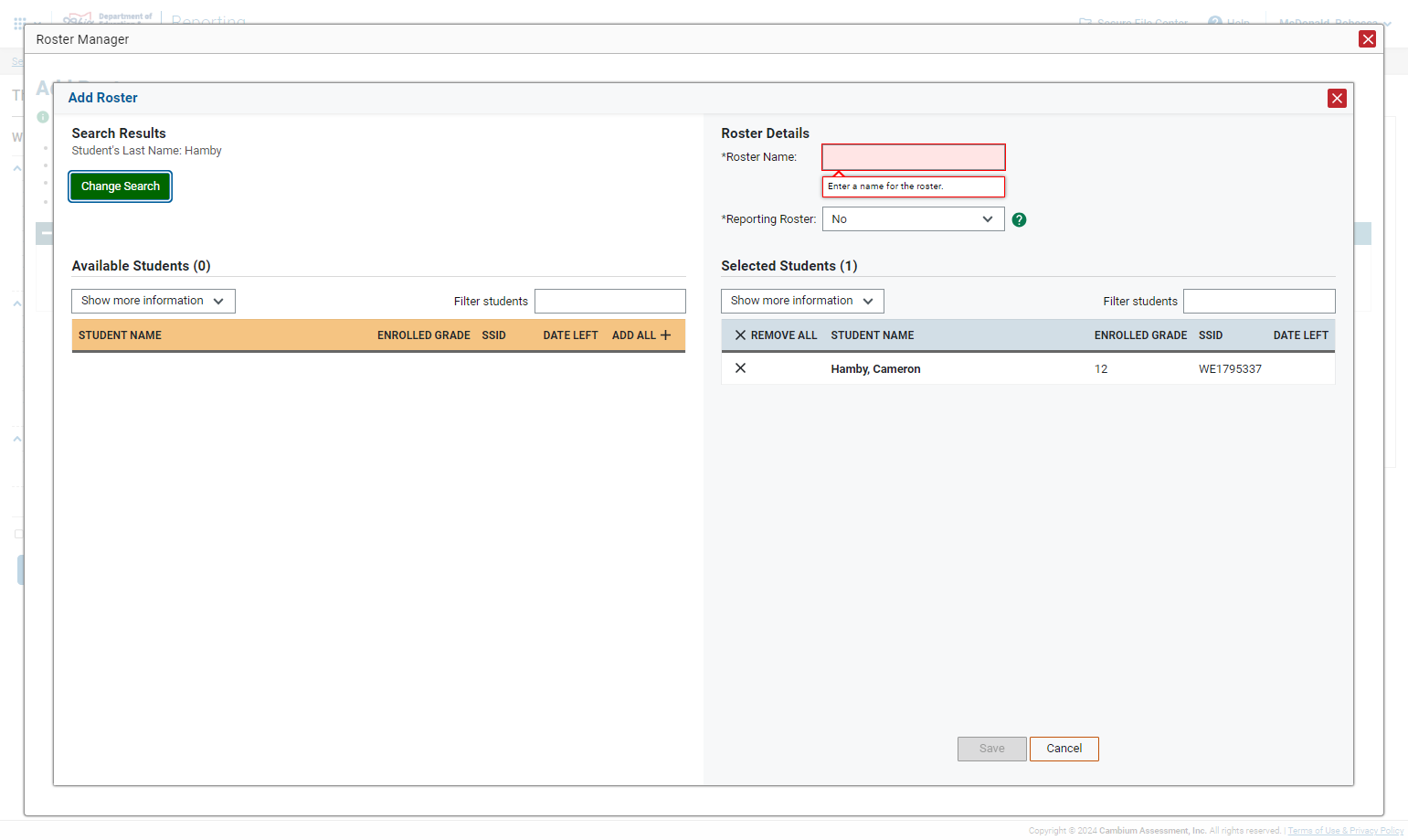 To search for the next student click on Change Search